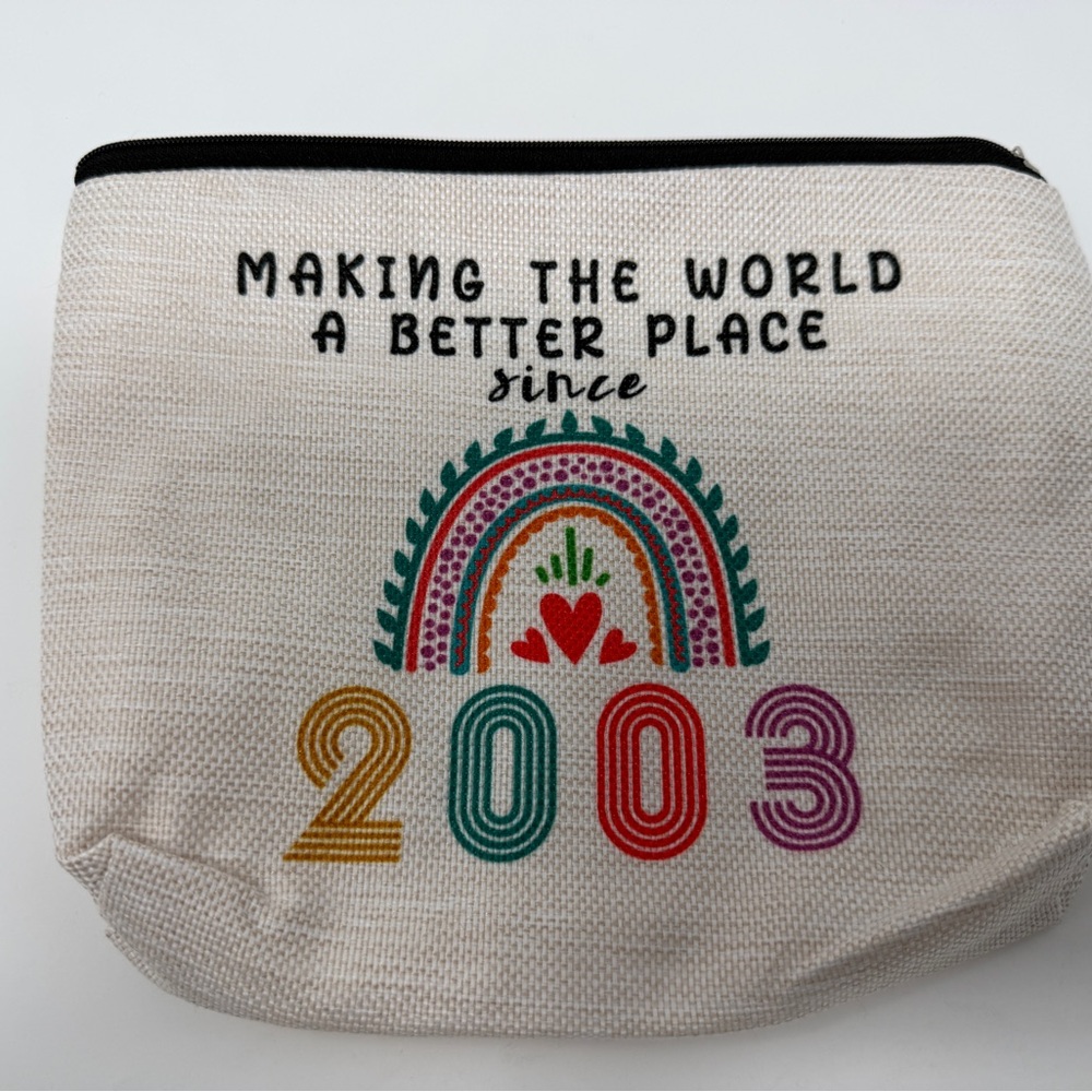 Canvas Makeup Bag Beige Multicolor Zipper 'Making The World A Better Place Sinc…